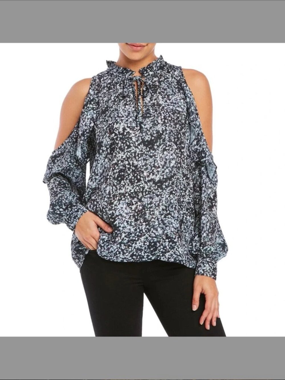 Parker Black & White Abstract Floral Ruffle Cold-Shoulder Blouse SZ XS